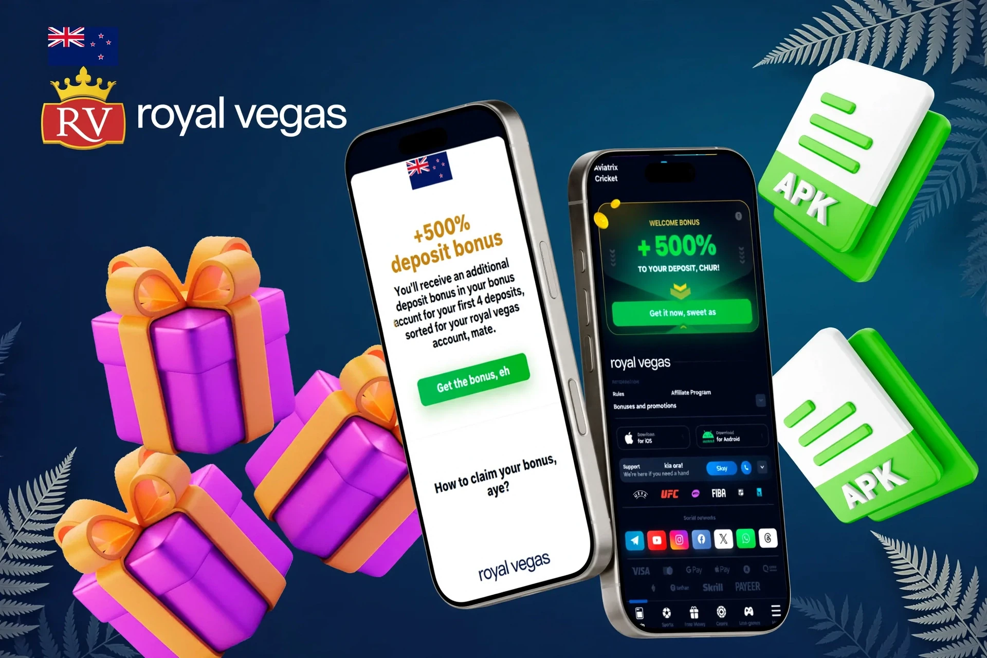 Royal Vegas mobile app promotion with welcome bonus and gift box illustration