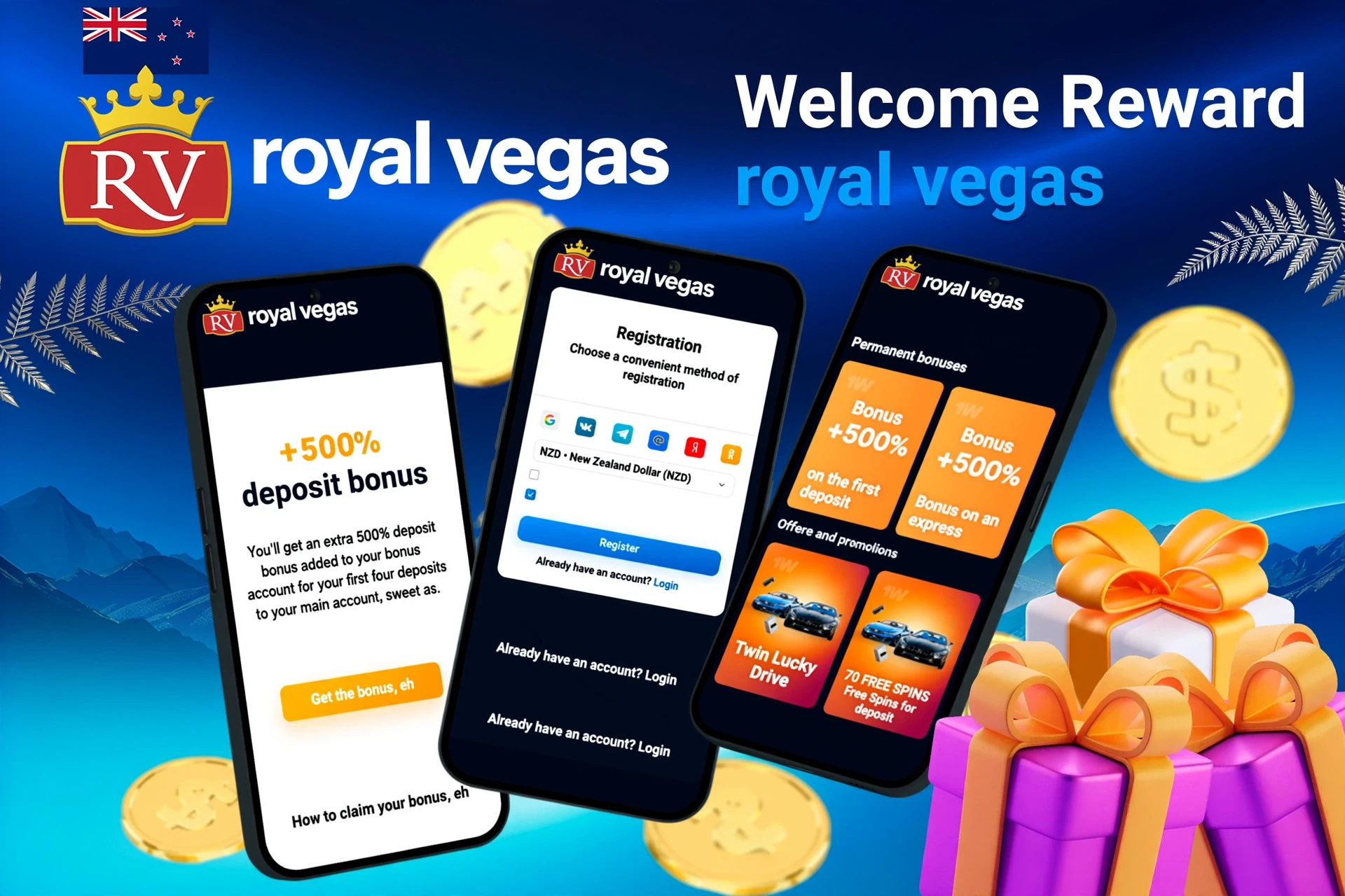 Mobile screens displaying Royal Vegas registration and 500% deposit bonus with gift boxes