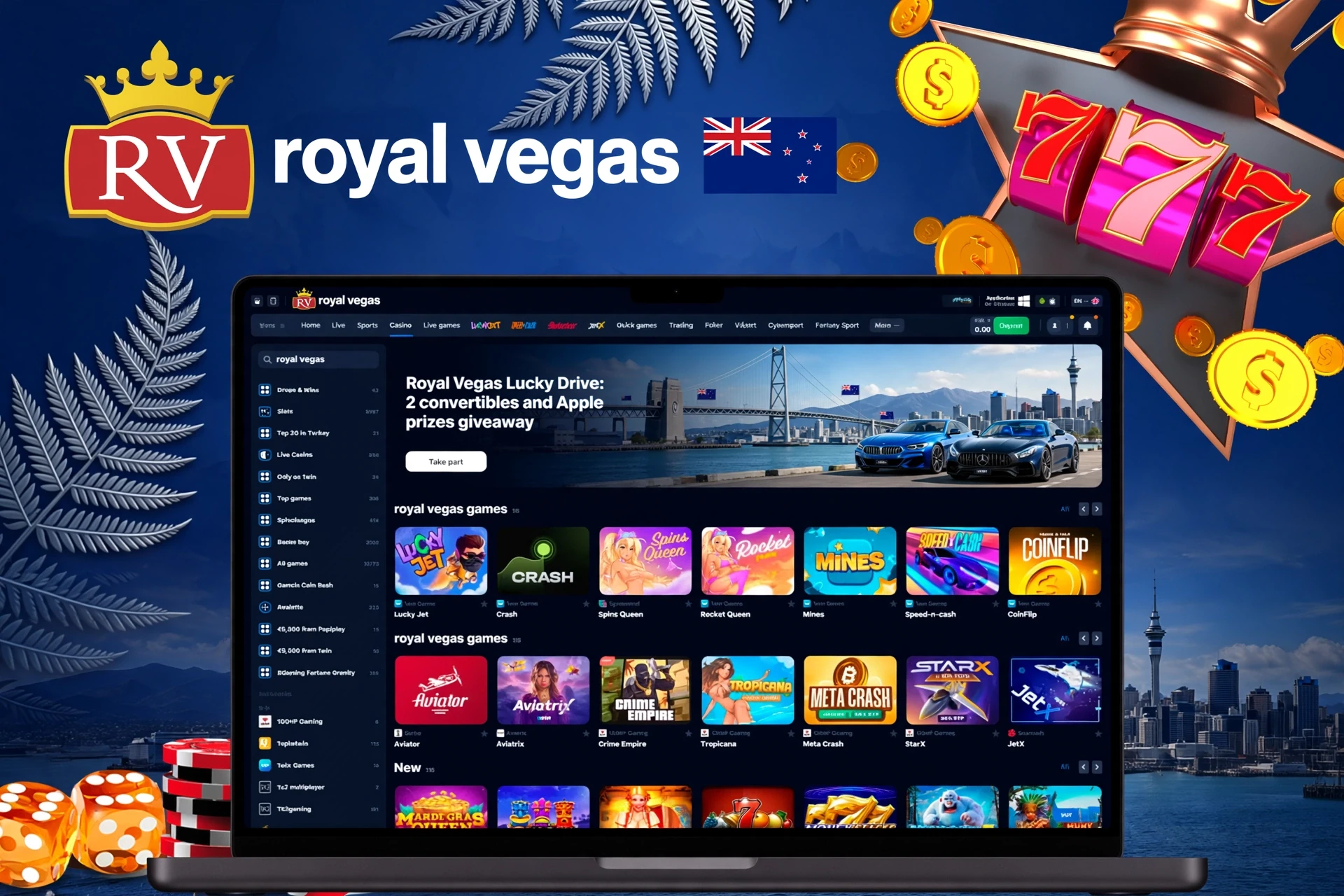 Royal Vegas Casino homepage showcasing a variety of pokies and live games, including Lucky Jet and Blazing Crown