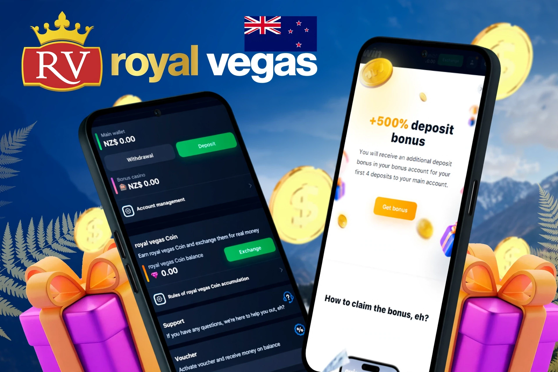 deposit and withdrawal screen showing wallet balance, account management options, and a 500% deposit bonus offer