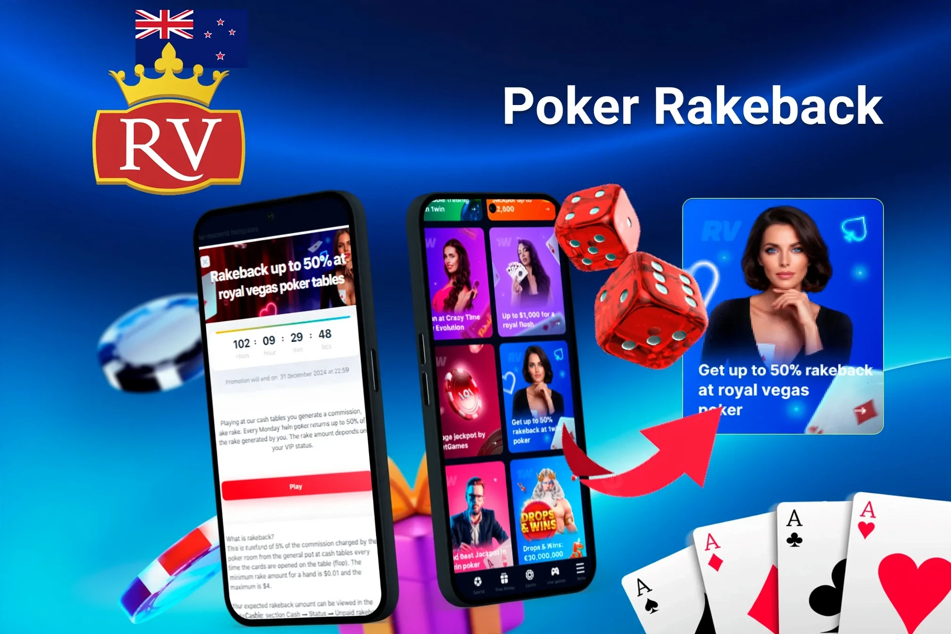 Mobile app with Royal Vegas poker rakeback offer up to 50%, red dice, and playing cards