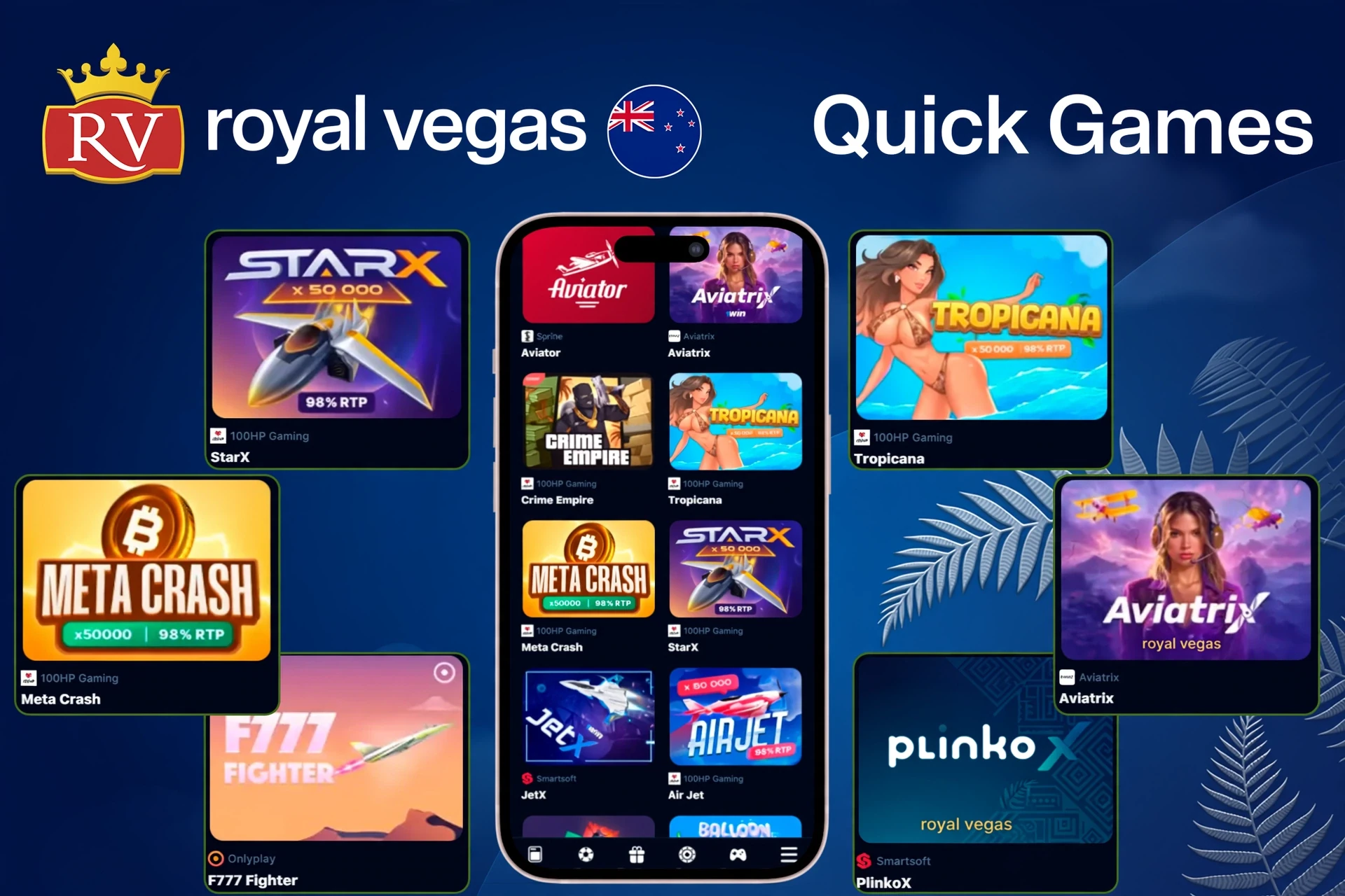 Quick games section highlighting titles like StarX, Tropicana, Meta Crash, and PlinkoX on the mobile app