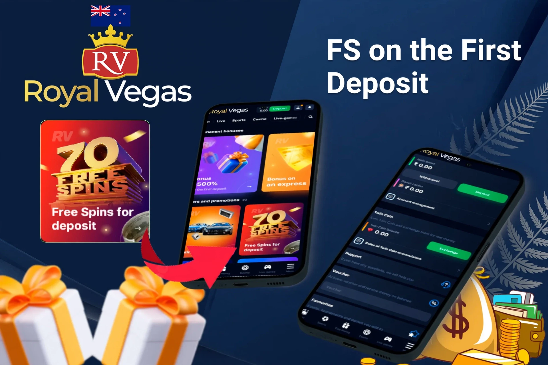 Mobile app showing casino game offers like loyalty program and free spins with poker chips and cards