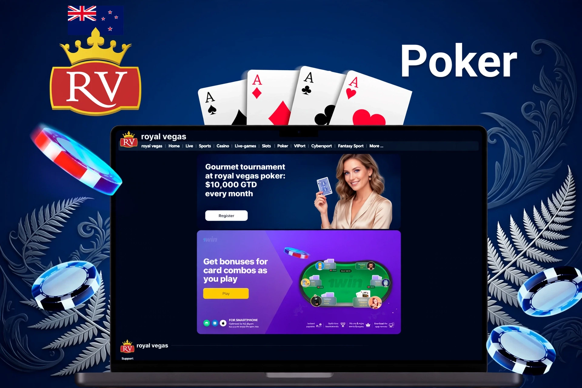 Royal Vegas poker promotion advertising a gourmet tournament with a $10,000 guaranteed prize and bonuses for card combinations