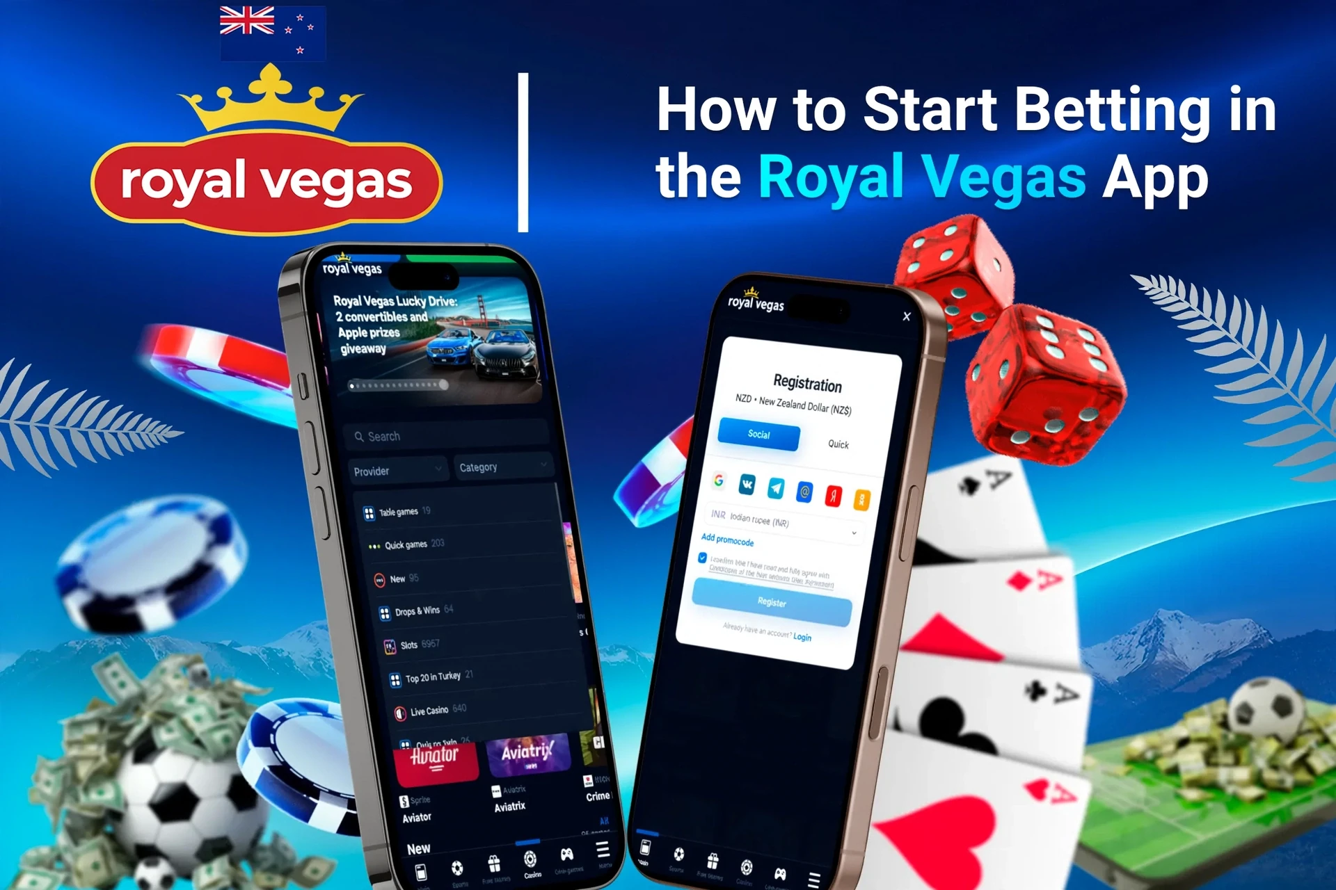 Step-by-step guide to starting betting on the app, with registration and game selection shown on mobile screens