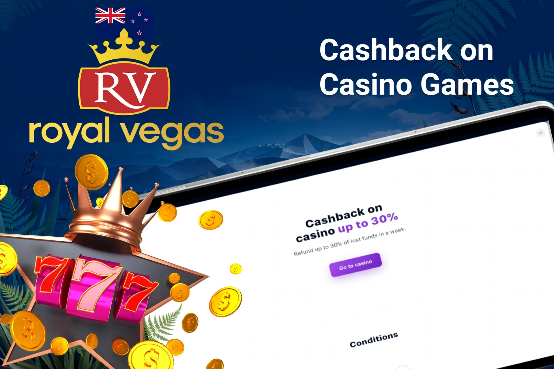 Mobile app with Royal Vegas poker rakeback offer up to 50%, red dice, and playing cards