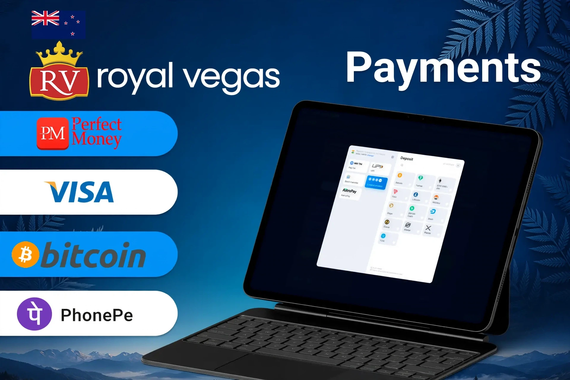 Royal Vegas payment methods including Perfect Money, Visa, Bitcoin, and POLi for quick and secure transactions
