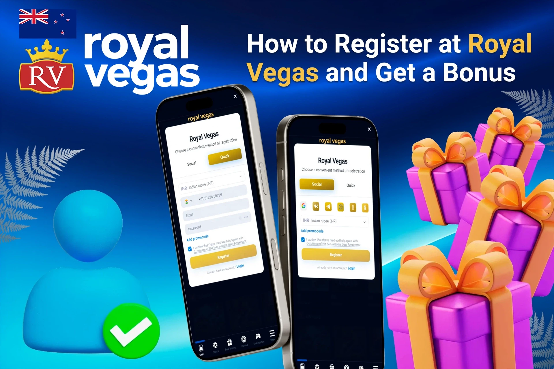 Mobile registration page for Royal Vegas showing bonus offers with purple and gold gift boxes