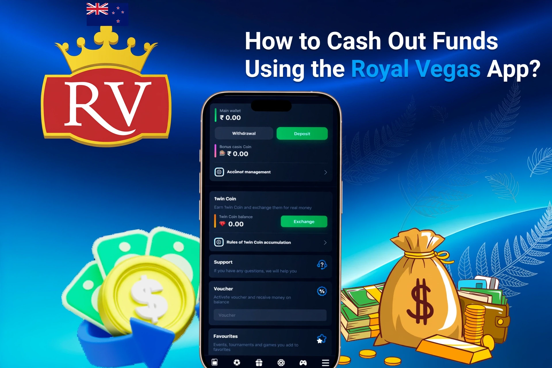 Withdrawal process on the Royal Vegas mobile app with available banking options