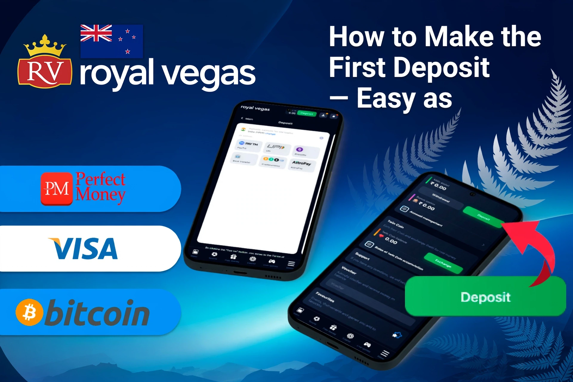 Mobile app displaying deposit options such as Perfect Money, Visa and Bitcoin, along with a deposit button