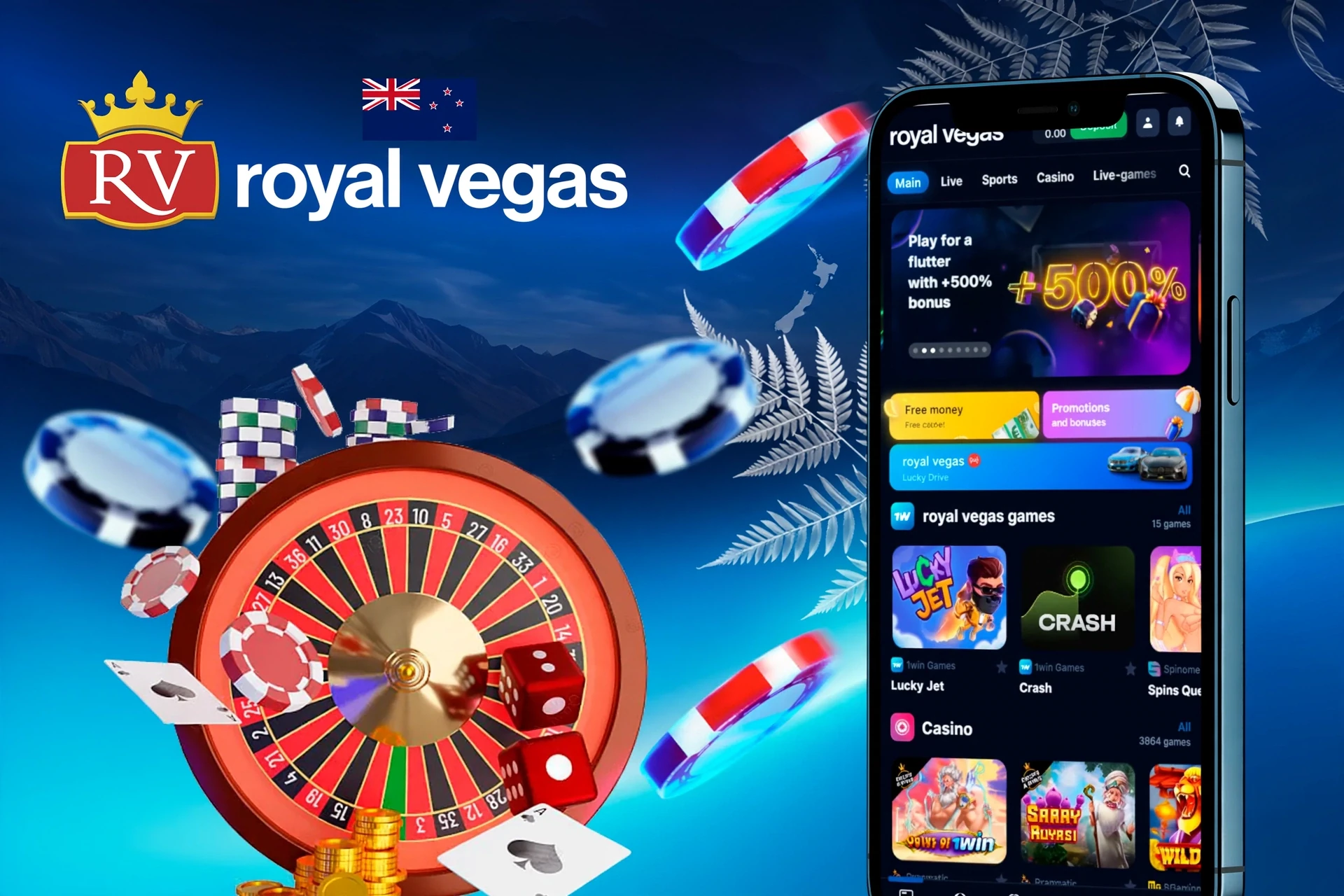 Mobile version of the Royal Vegas site displayed on smartphones, offering quick access to various casino and betting features
