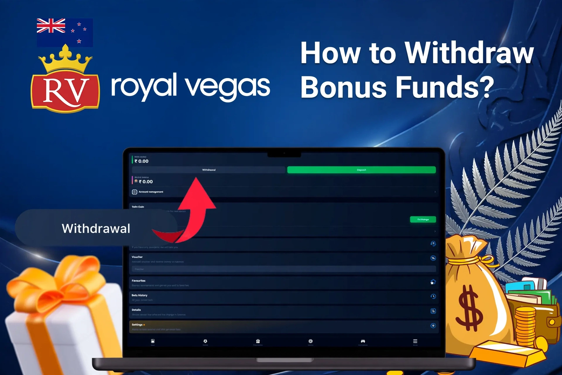 Laptop screen showing Royal Vegas withdrawal options with money bags and gift boxes in the background
