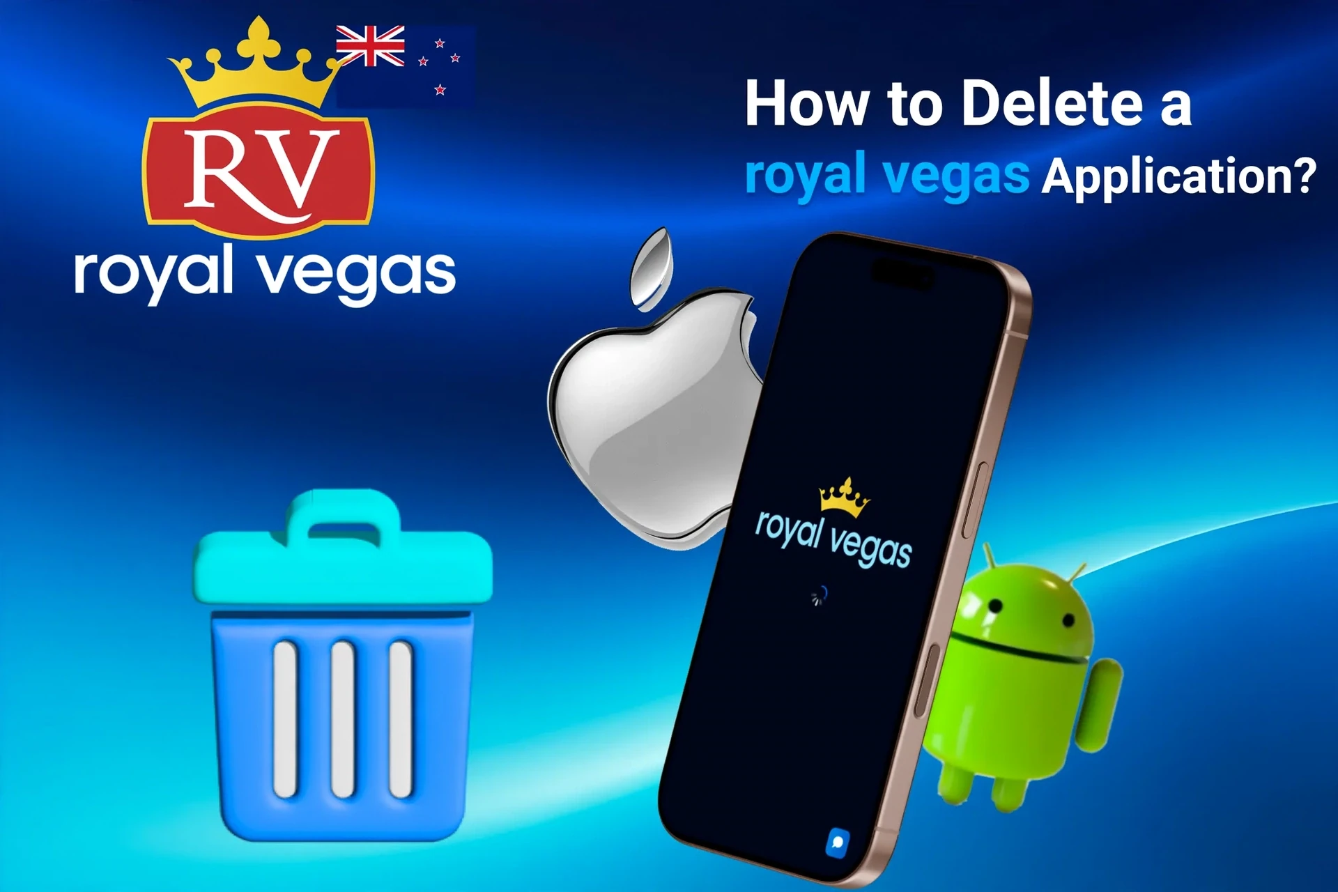 Instructions on how to delete the Royal Vegas application from iOS and Android devices, shown with app icons