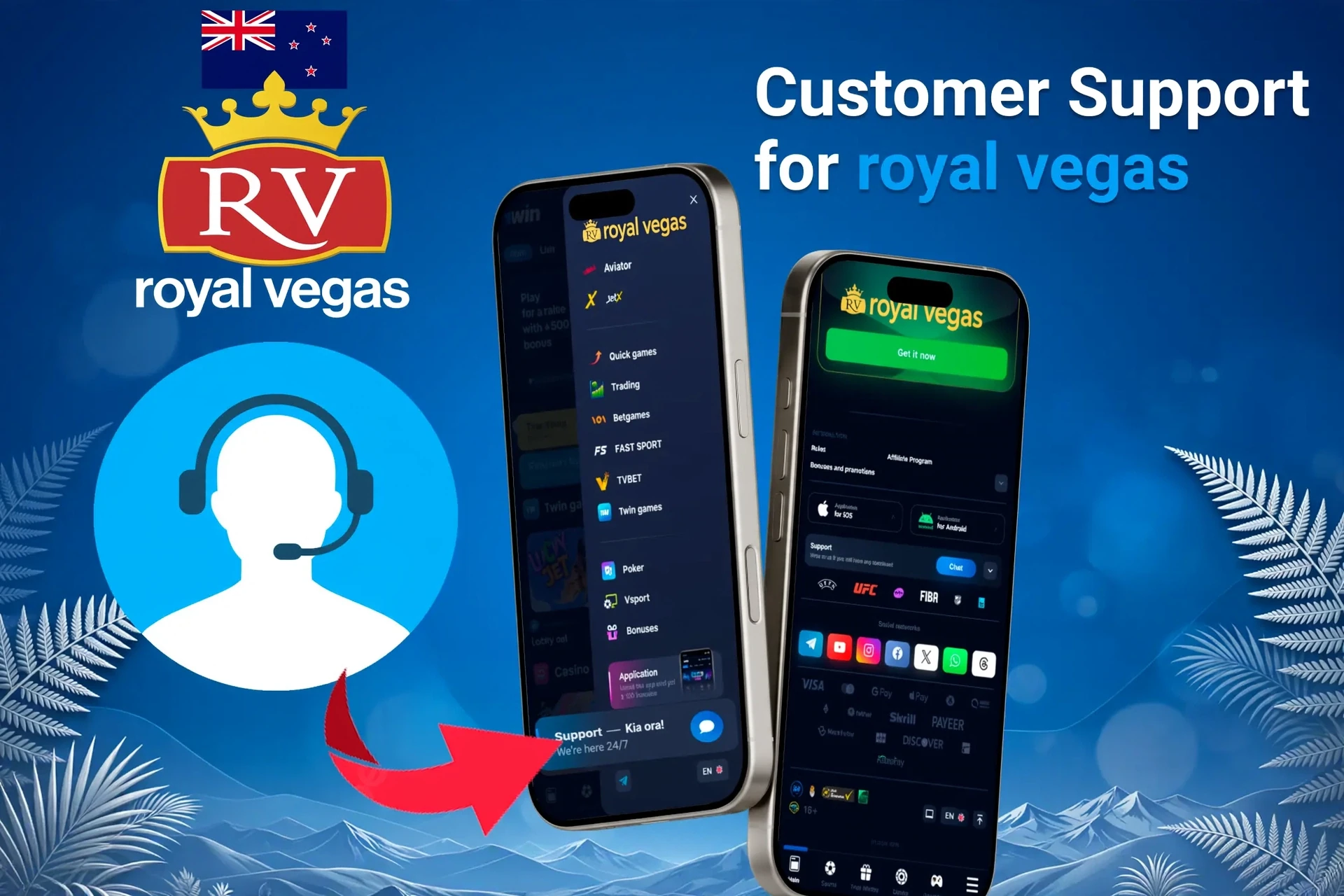 Customer support feature for the Royal Vegas app, highlighting options for contacting support through the app