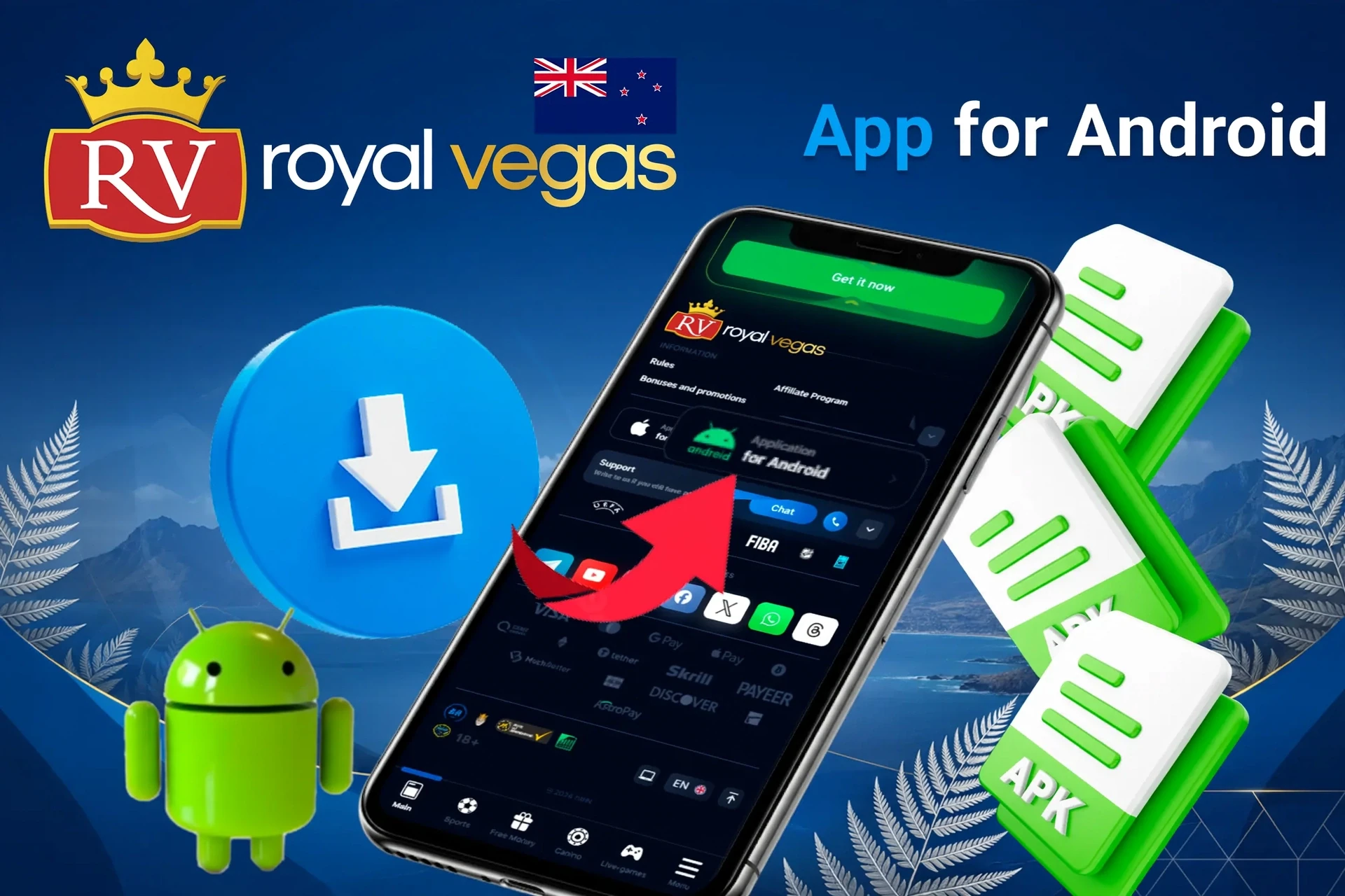 Royal Vegas Android app download process with APK file icons and Android mascot