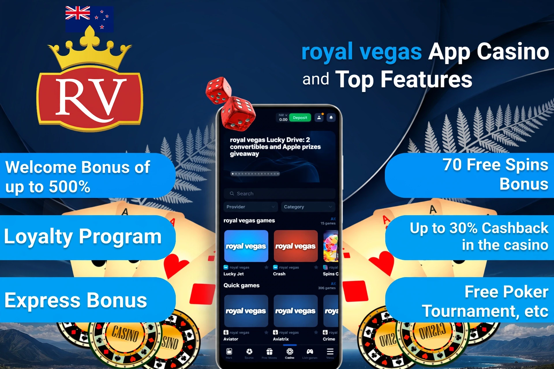 Royal Vegas App Casino top features including welcome bonus, loyalty program, and express bonus on mobile interface