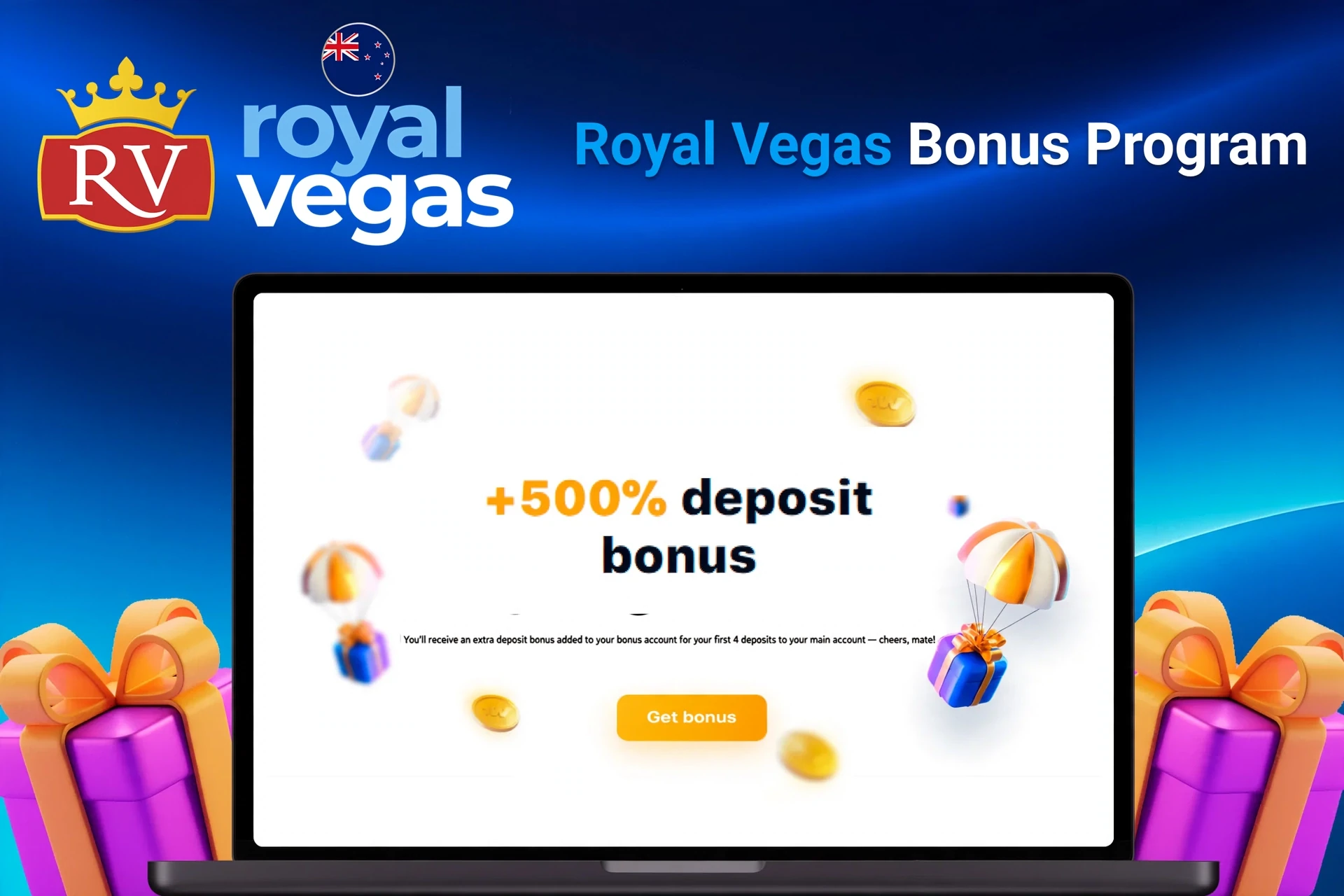 Laptop showing bonus offer of +500% deposit bonus with floating coins and gifts