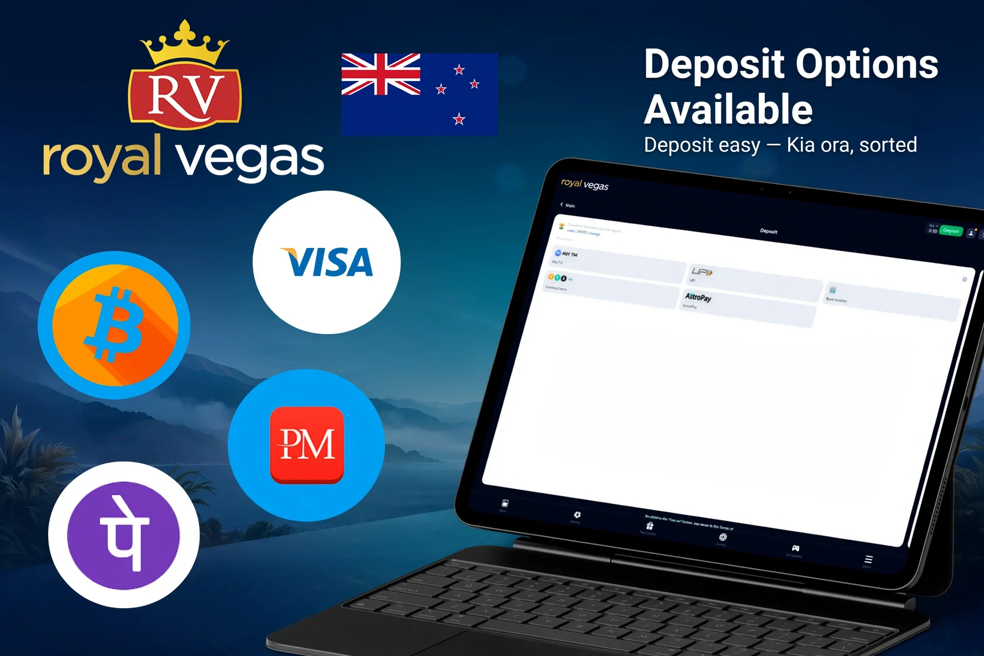 Deposit options available on Royal Vegas platform, including Bitcoin, Visa, POLi, and Perfect Money, displayed on a tablet