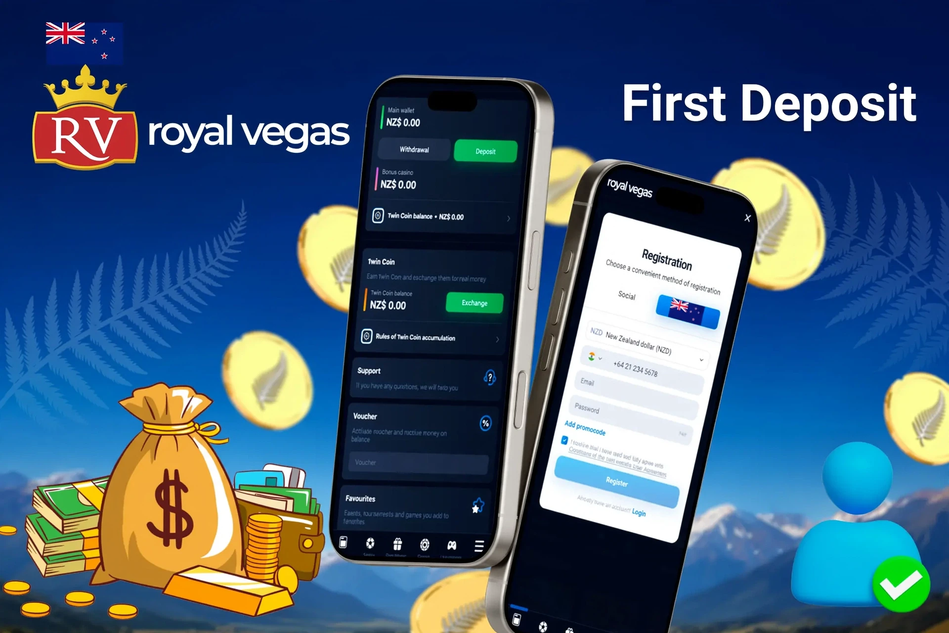 mobile interface showing steps to make the first deposit, with icons for payment options and bonus registration