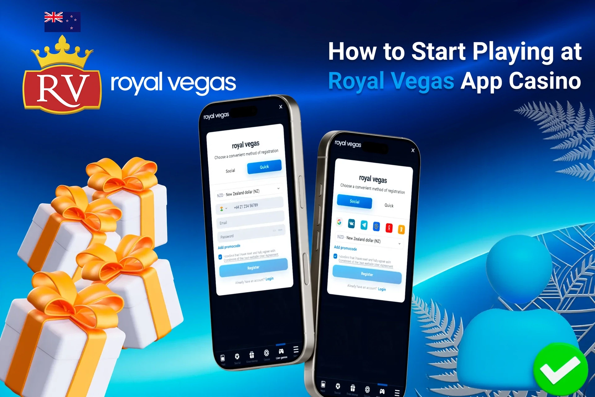 Royal Vegas app registration screen on mobile with easy-to-follow steps and gift box icons