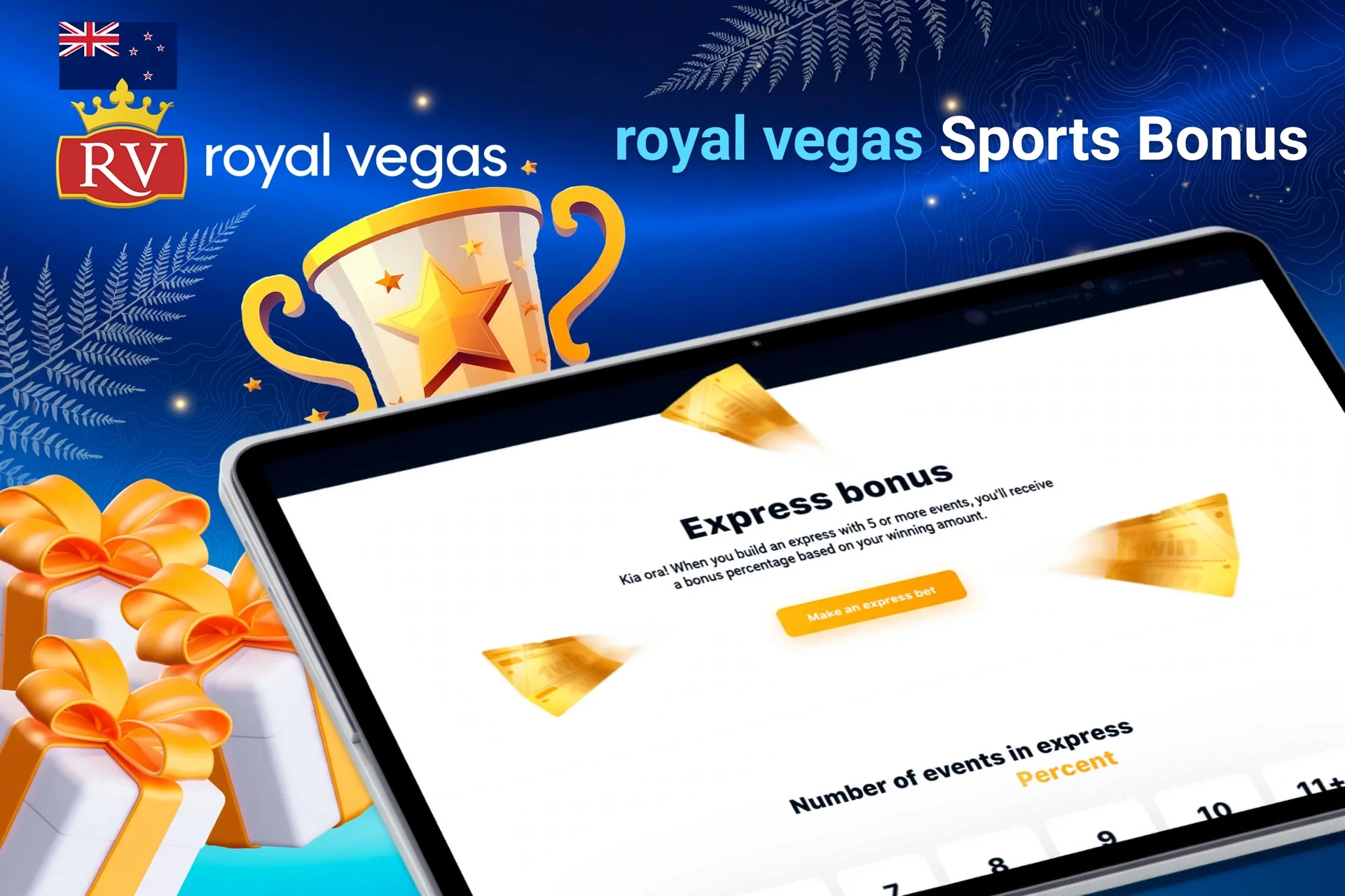 Tablet screen with express bonus offer for sports betting from 1Win, with trophy and gift boxes.