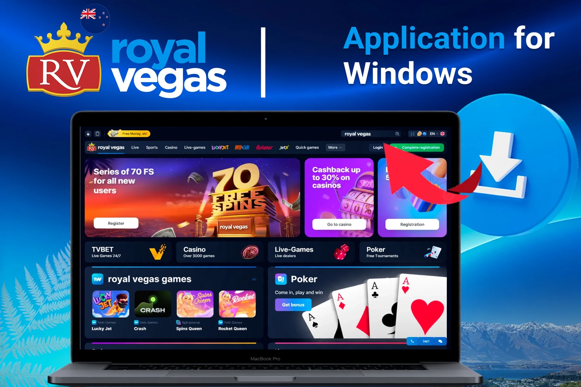 Royal Vegas application for Windows with download instructions and welcome bonus promotion