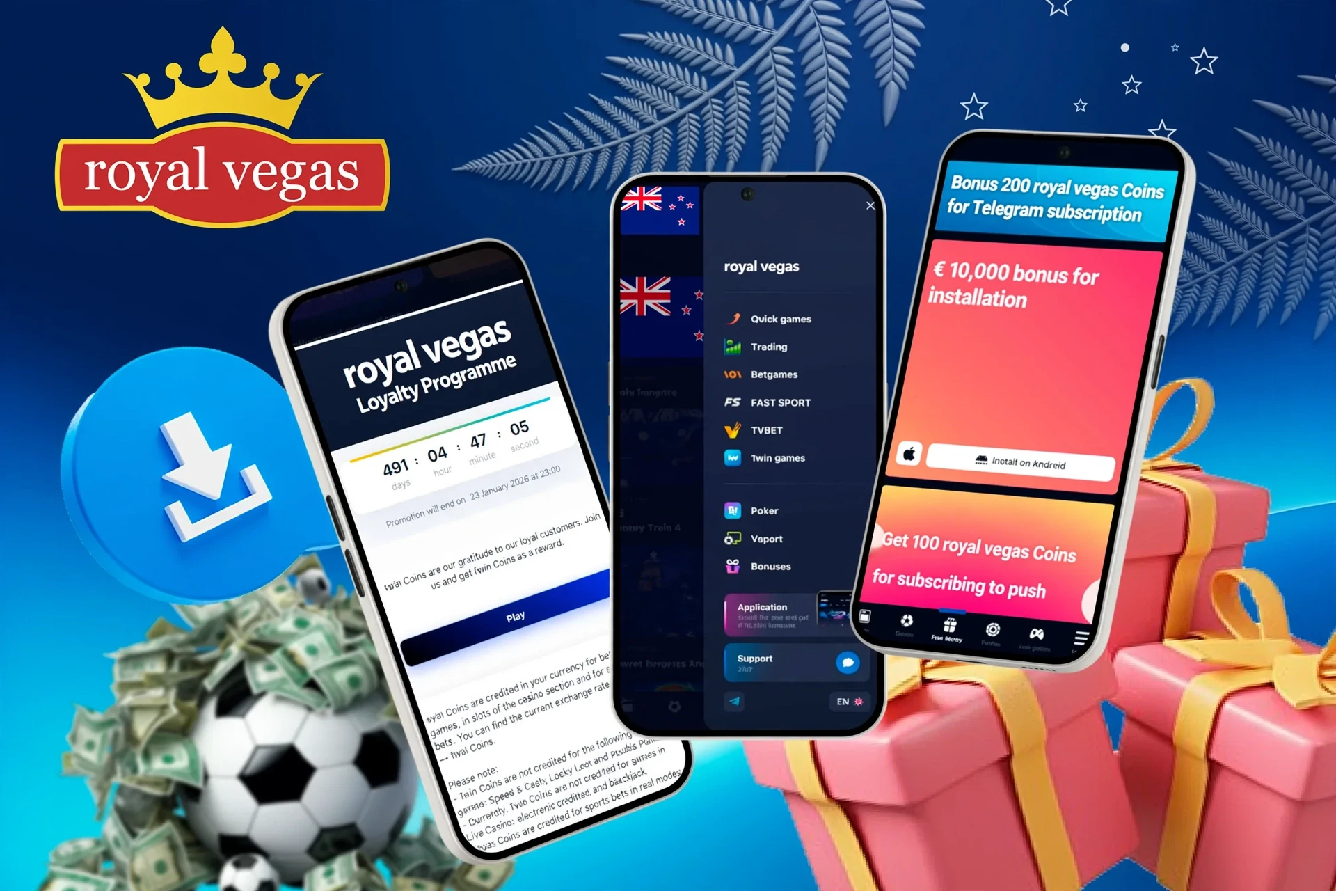Mobile screens showing loyalty program, app installation bonus, and football icon with download button