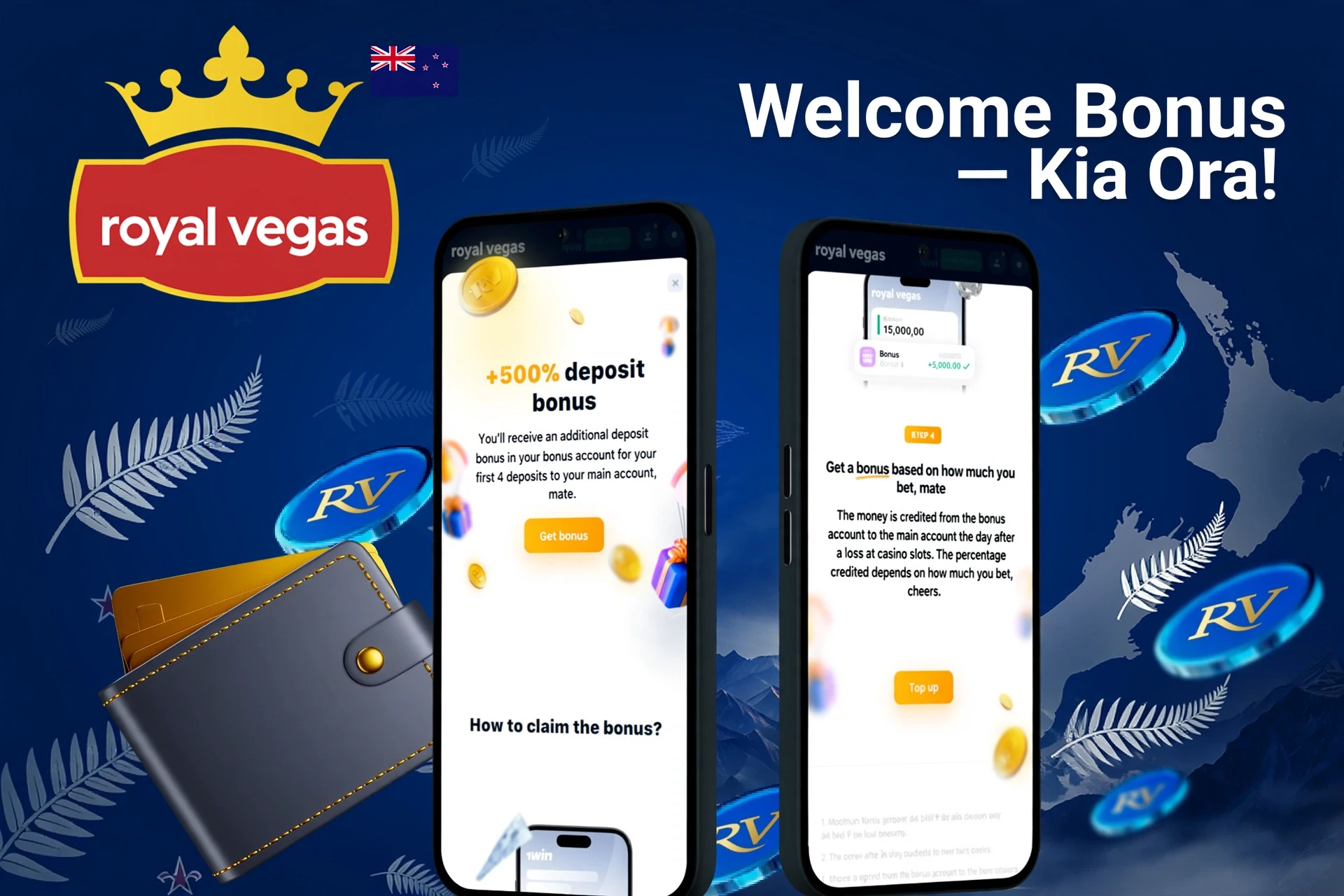 Royal Vegas welcome bonus screen with +500% deposit bonus for first four deposits, displayed on two mobile screens