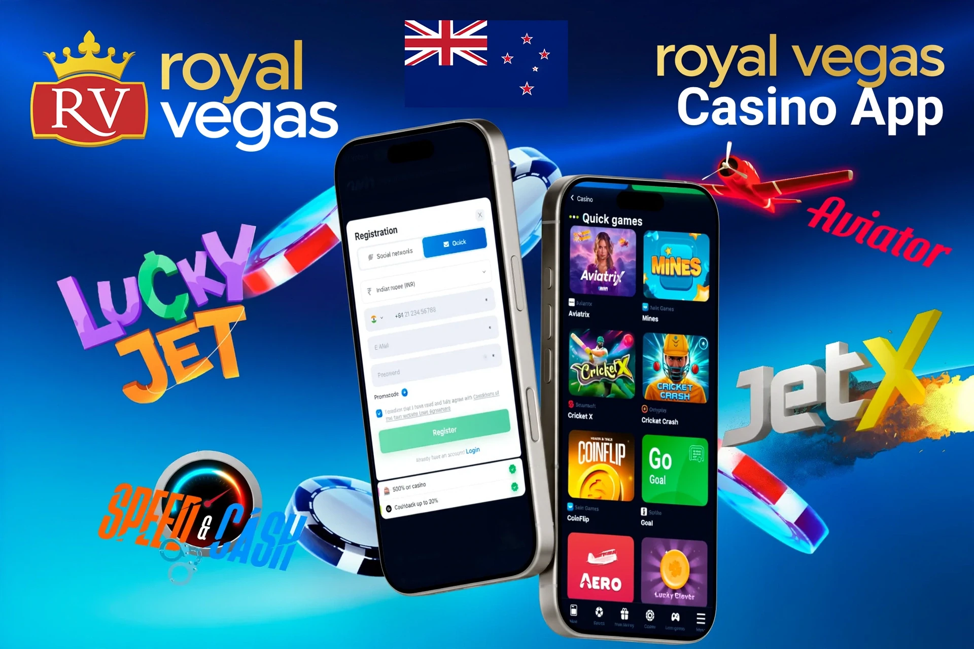 Royal Vegas Casino app registration screen with quick games like Aviatrix and JetX