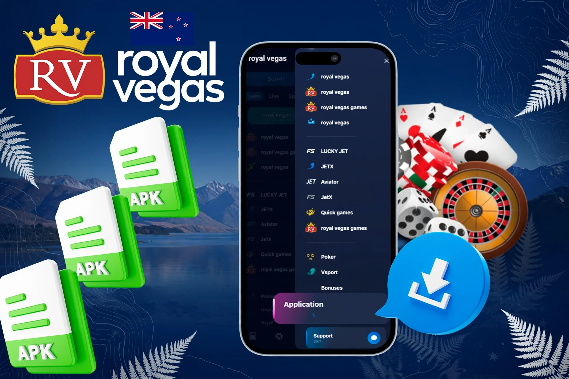Royal Vegas app with APK file icons and casino chips illustrating mobile access to Royal Vegas games