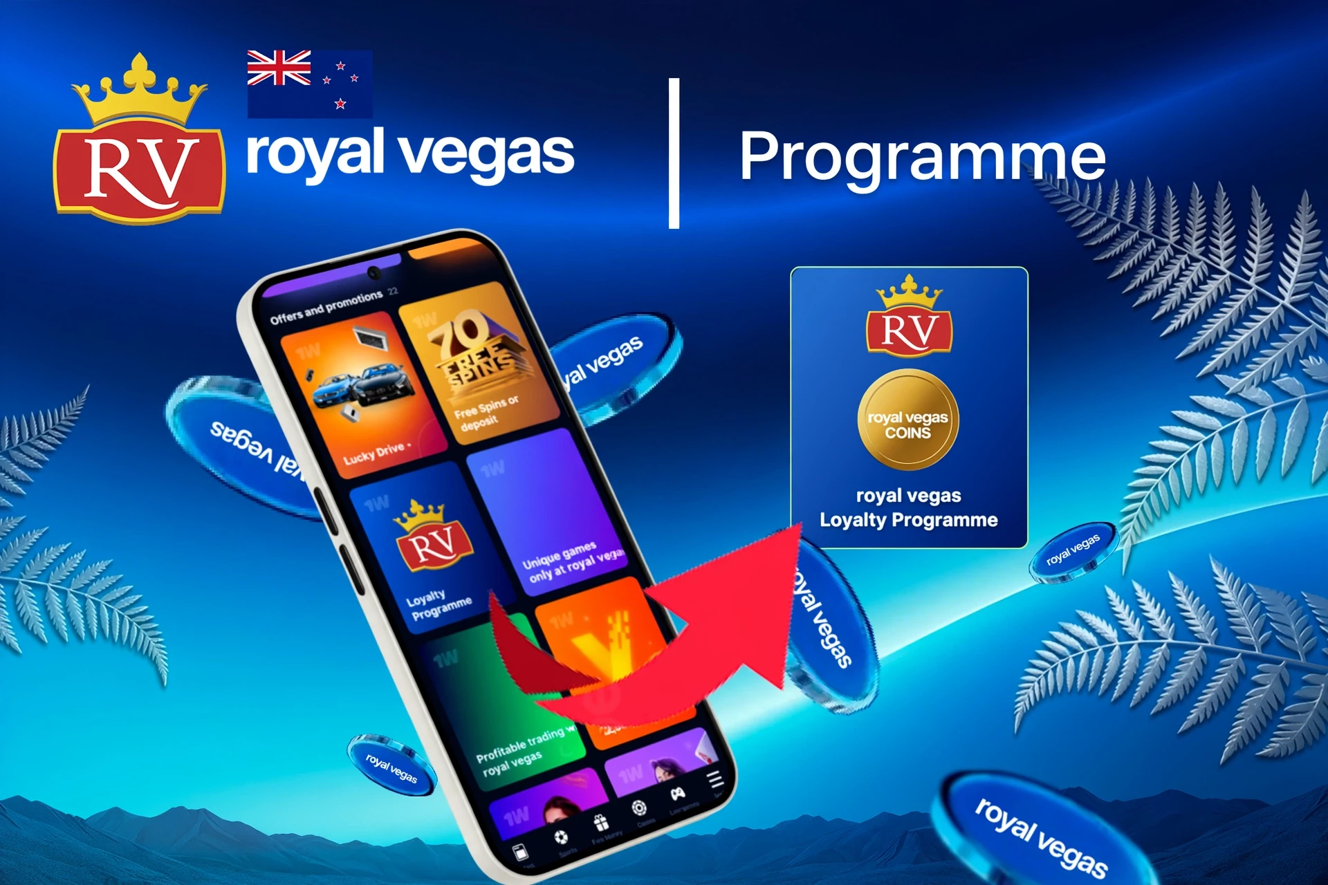 Mobile app showing 1Win loyalty program and offers like free spins and Lucky Drive.