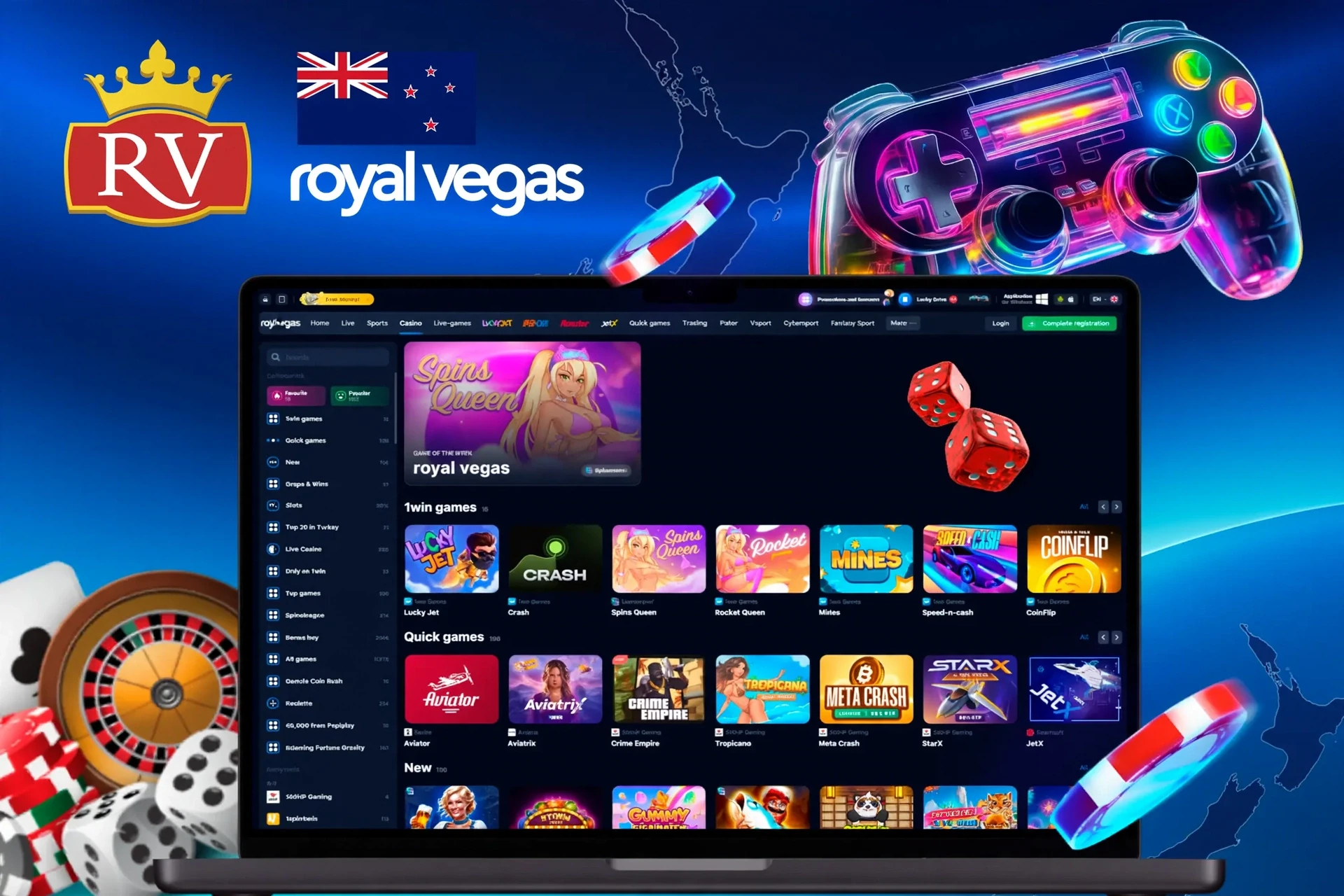 app interface showing a variety of games like Spins Queen, Crash, and Rocket Queen with a vibrant game controller icon