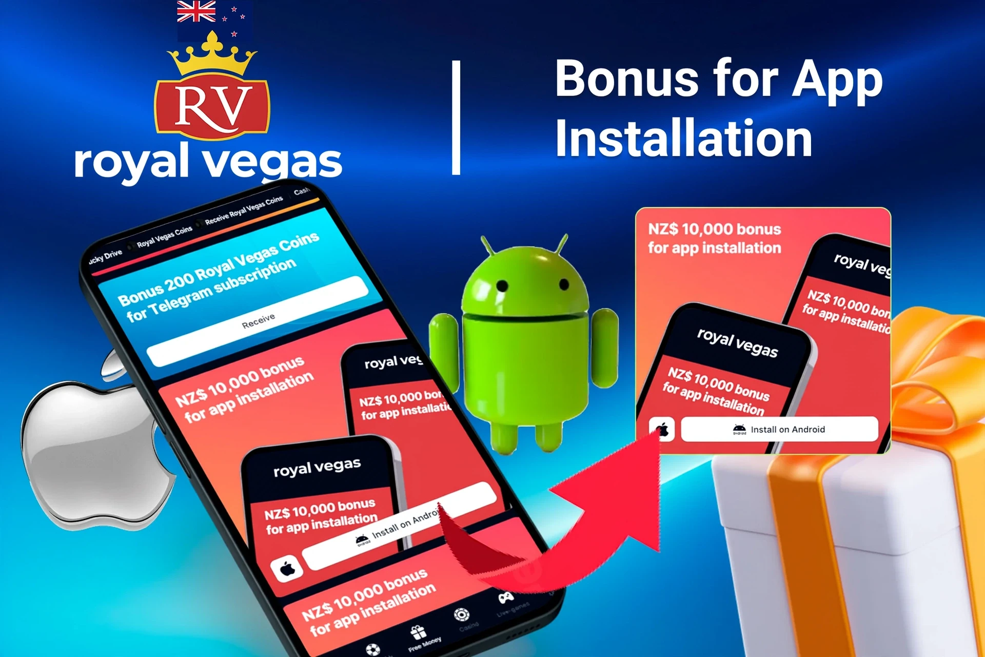 Royal Vegas bonus offer for app installation on mobile with Android and Apple logos, and gift boxes