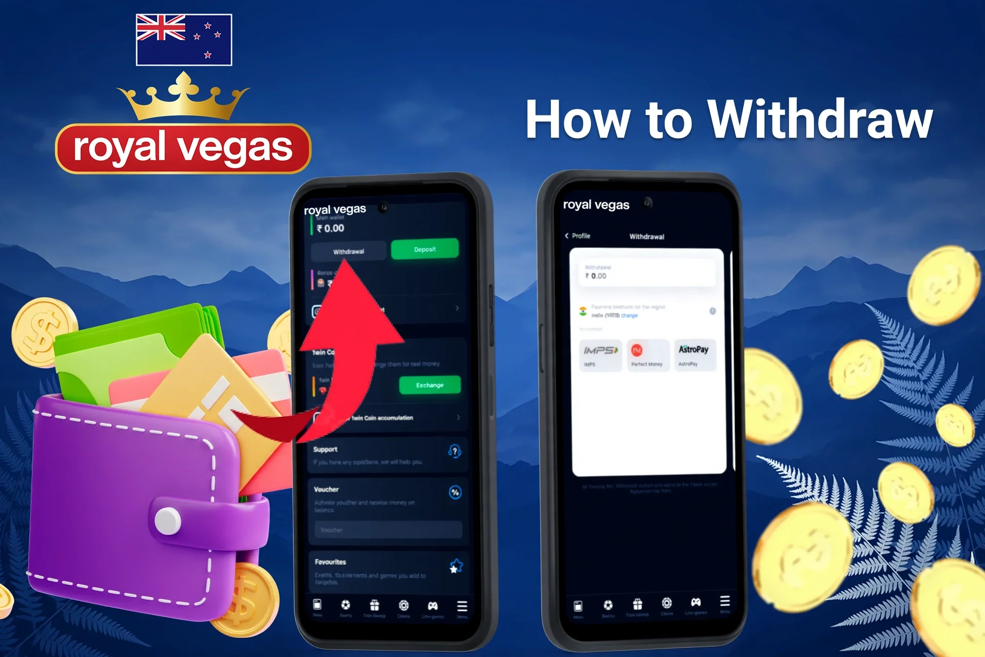 mobile interface showing withdrawal process with an arrow pointing to withdrawal options and available wallet balance
