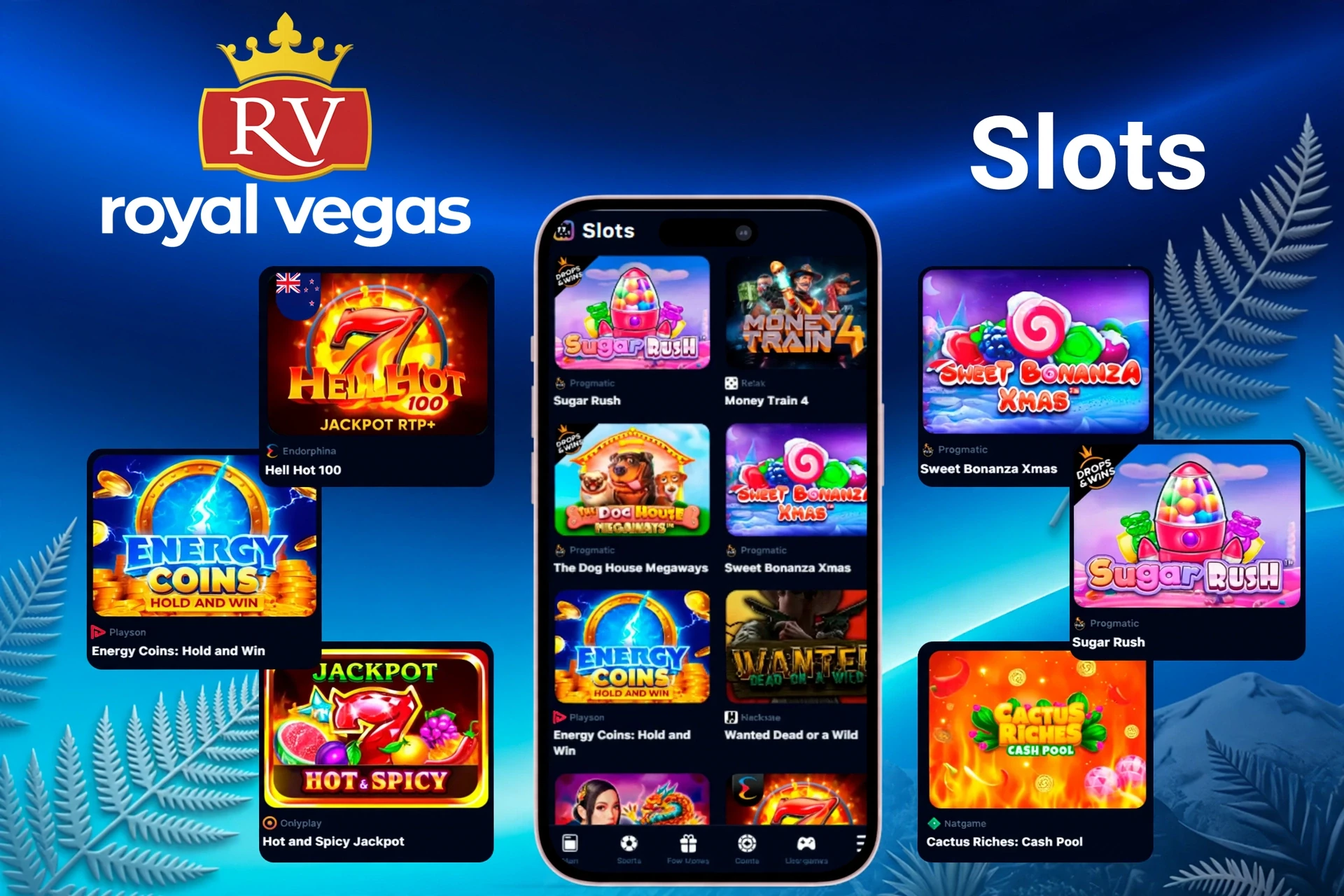Slots games featuring popular titles like Sugar Rush, Energy Coins, and Hell Hot 100 on mobile and desktop