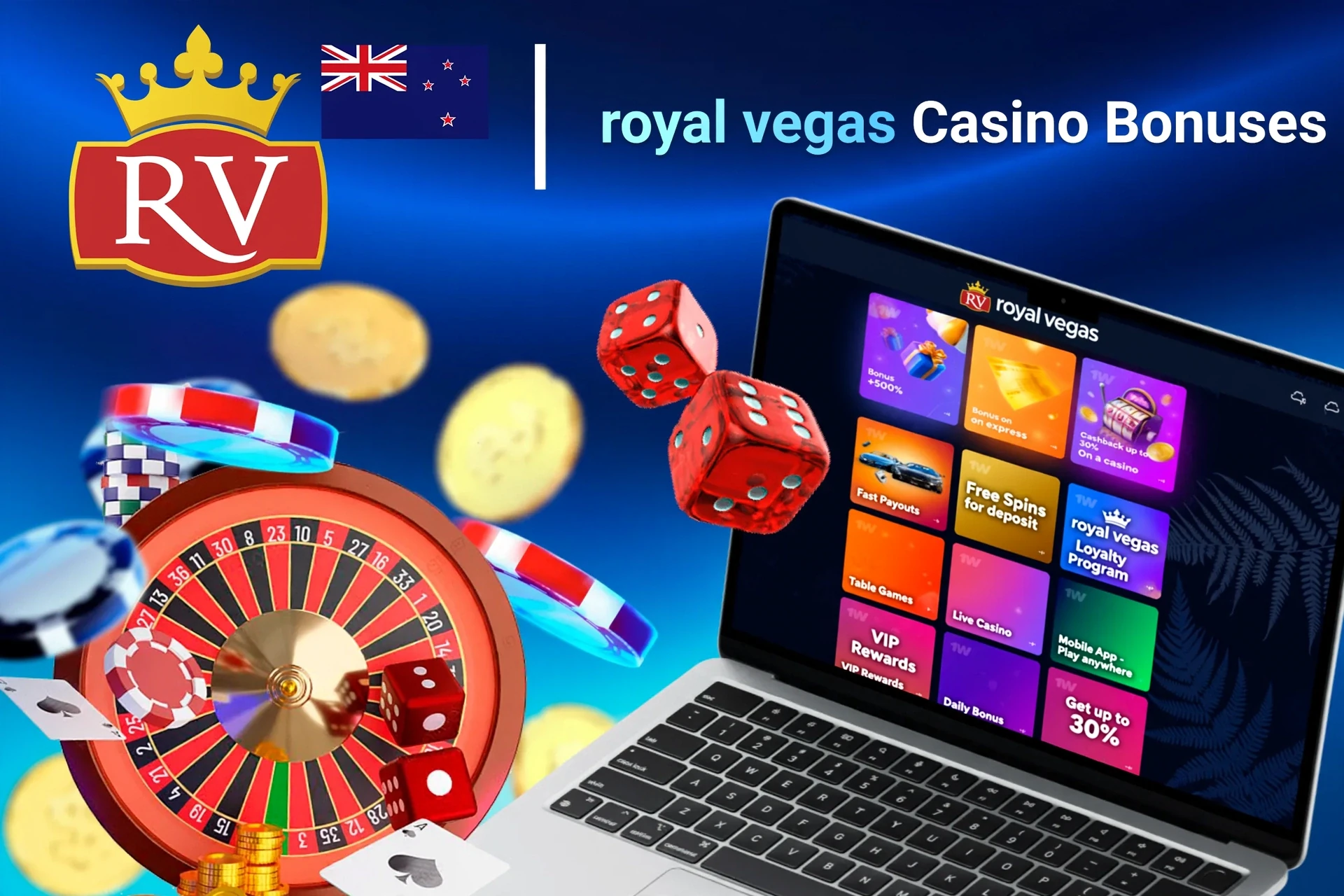 Laptop screen showing various Royal Vegas casino bonuses with roulette, dice, and poker chips