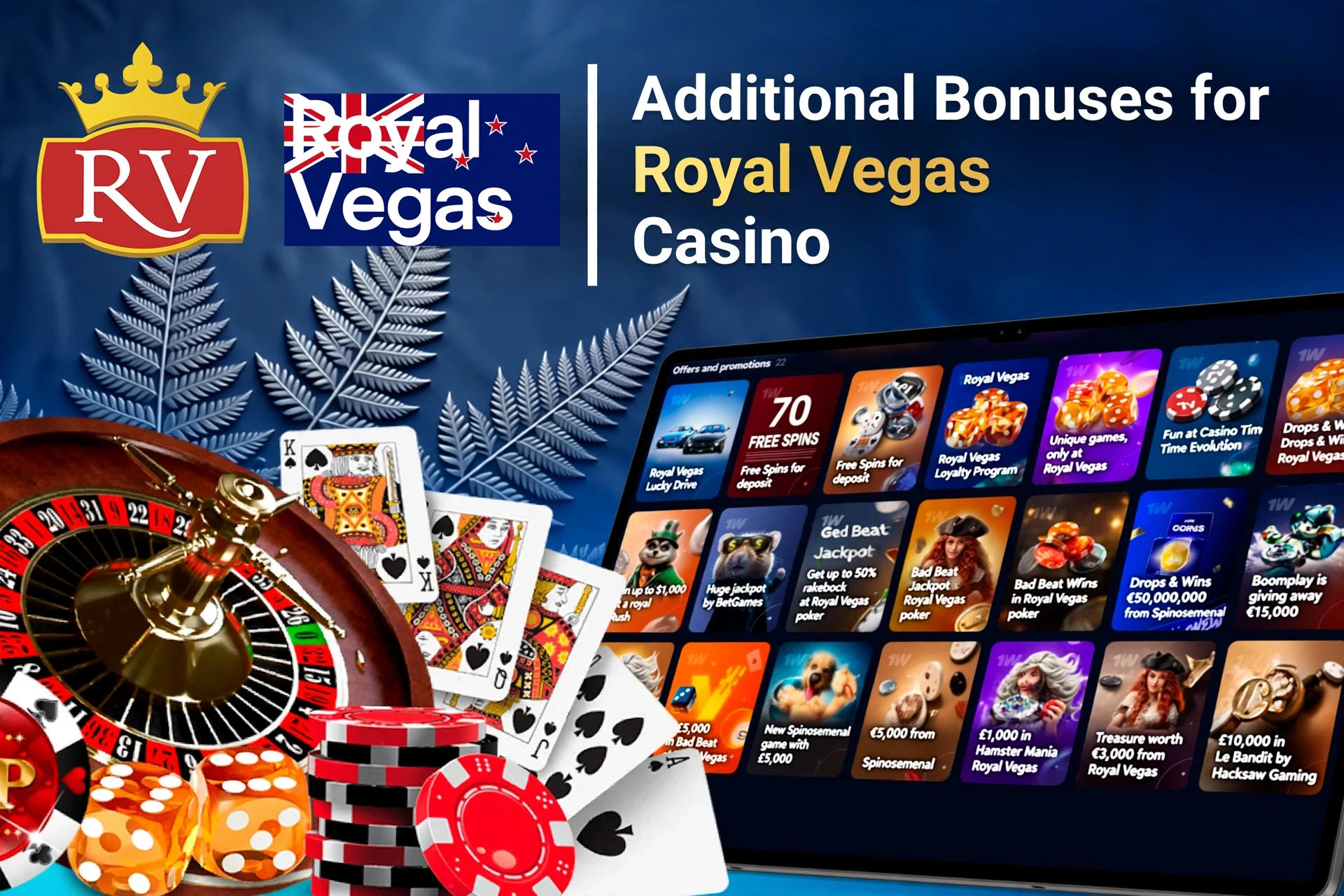 Mobile app showing Royal Vegas casino game offers like loyalty program and free spins with poker chips and cards