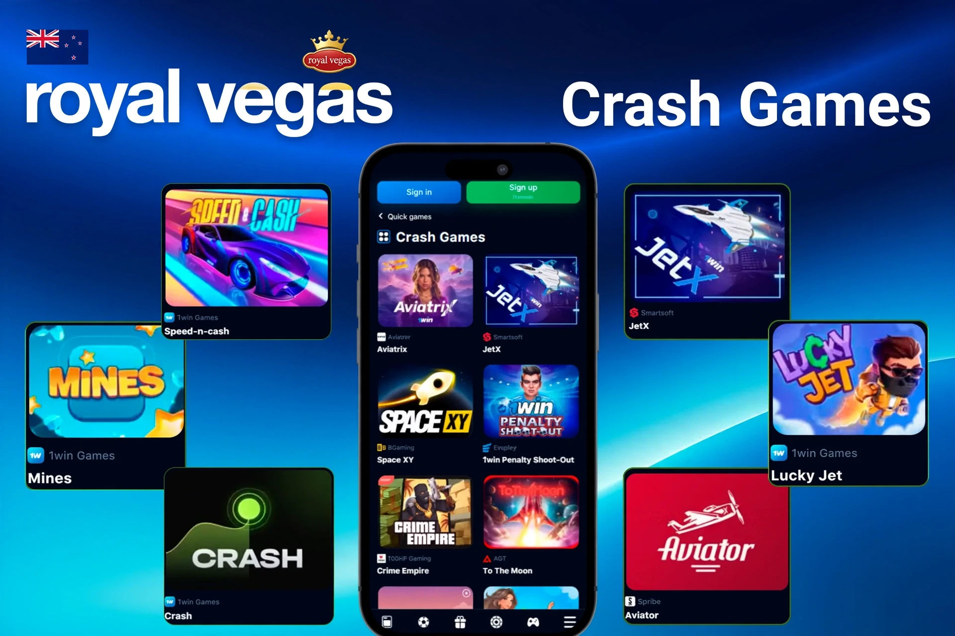 Crash games such as Mines, Speed-n-Cash, JetX, and Lucky Jet displayed on a mobile app
